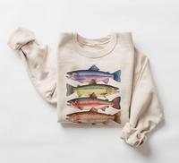 [Sale Up To 30%] Abstract Colorful Trout In A Row Sweatshirt - River Fish Trout Species Outfit - Fly Fishing Gift - Boho Unis...