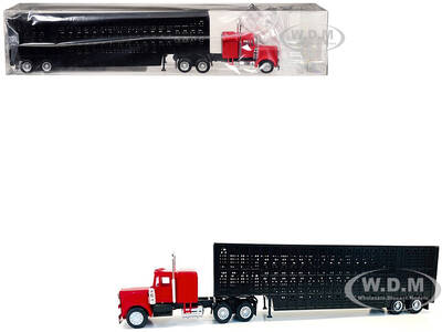 Peterbilt with Sleeper Cab Red with Black Livestock Trailer 1/87 (HO) Plastic Model Car by Promotex