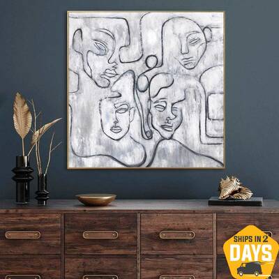 Abstract Faces Paintings On Canvas White Acrylic Figurative Fine Art People Painting Minimalist Art | FACES OF OLD LIFE 46&qu...