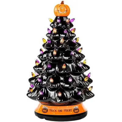 Halloween Ceramic Christmas Tree Home Decoration with Orange Pumpkin Head, Over 50 Multicolor LED Light Up Bulbs, Black 15 In...