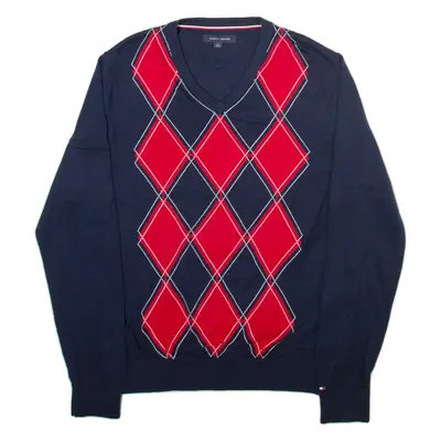 TOMMY HILFIGER Mens Patterned Jumper Blue Argyle V-Neck Tight Knit L