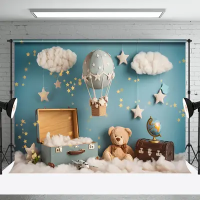 Aperturee Blue Starry Night Luggage Bear Cake Smash Backdrop, 3X2FT(1MX0.6M), 14 USD, birthday cake smash backdrops, NYHD1I55...