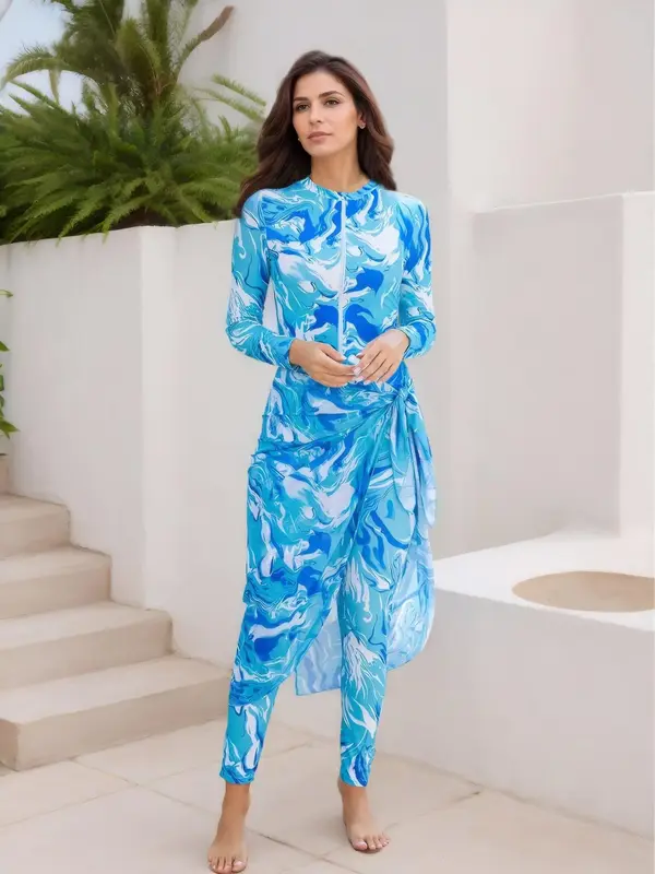 Women's All Over Print Long Sleeve Islamic Swimwear Three-piece Set, High Stretch Modest Casual Round Neck Raglan Sleeve Zip ...