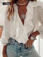 Women's Plain Ruffle Trim Button Front Blouse, Elegant Long Sleeve V Neck Top for Spring & Fall, Ladies Clothes for Daily Wea...