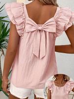 Women's Solid Bow Back Blouse, Casual Flounce Sleeve Top for Summer, Fashion Women's Top for Daily Wear, Womenswear, Soft Lay...