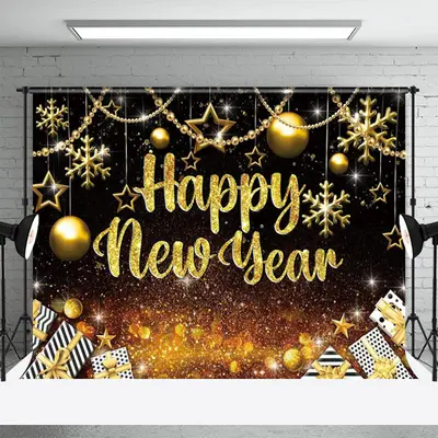 Golden Glitter Bauble Gifts Happy New Year Backdrop - Aperturee