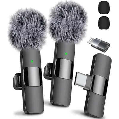 Wireless Lavalier Microphone, Rechargeable Wireless Microphone, Cordless Omnidirectional Condenser Recording Mic for Video Re...