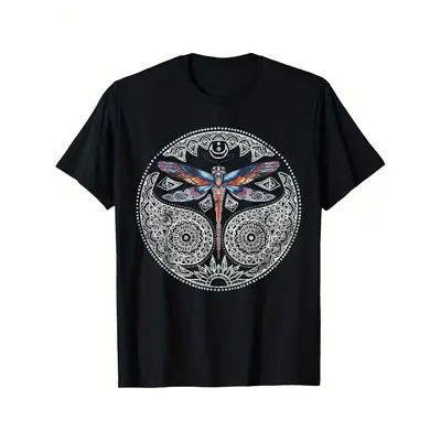 Magical Colorful Dragonfly Tribal Mandala Men's , 100% Cotton T-Shirt - Versatile for Casual, Sports, Festive, All-Season Wea...