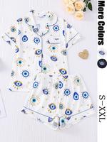 Women's All Over Cartoon Eye Print Shortsleeve Pajama Two-piece Set, Casual Comfy Button Front Chest Pocket Design Lapel Neck...