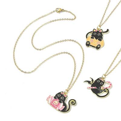 Halloween Theme Alloy Enamel Cat Pendant Necklace with 304 Stainless Steel Cable Chains