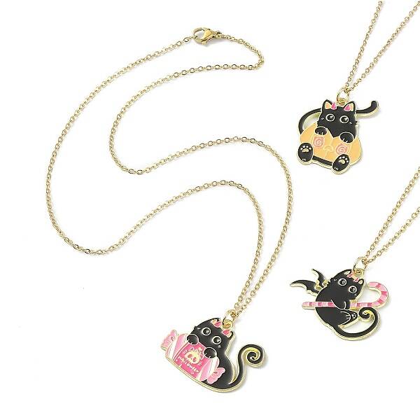 Halloween Theme Alloy Enamel Cat Pendant Necklace with 304 Stainless Steel Cable Chains