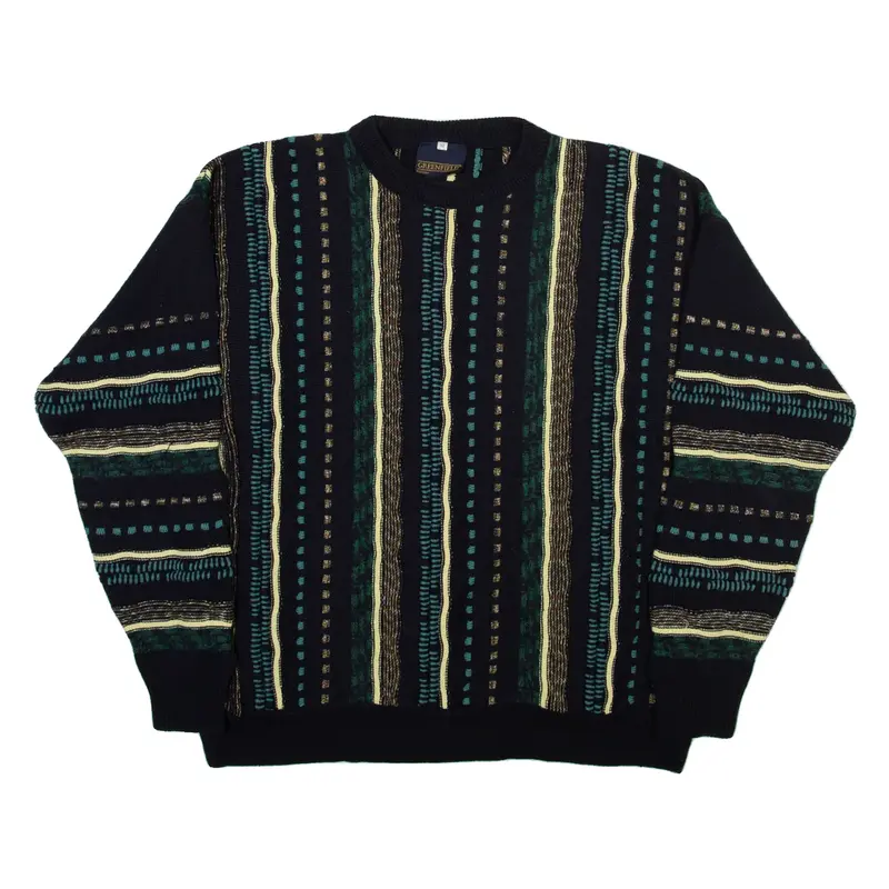GREENFIELD Mens Patterned Jumper Blue Crazy Pattern 90s Tight Knit L