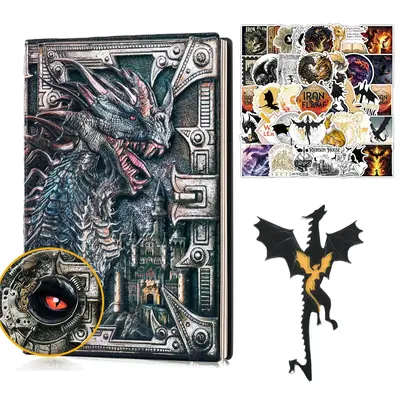 Vintage Dragon Embossed Leather Notebook, 1 Set Including 1 Count A5 Journal with 1 Count Bookmark & 50pcs Sticker, Writing N...
