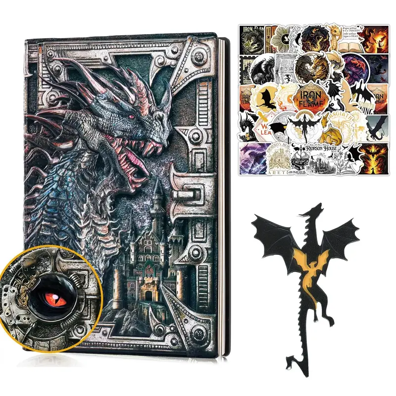 Vintage Dragon Embossed Leather Notebook, 1 Set Including 1 Count A5 Journal with 1 Count Bookmark & 50pcs Sticker, Writing N...