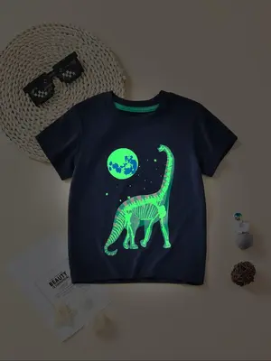 Toddler Boy's Luminous Reflective Earth & Dinosaur Print Tee, Cute Short Sleeve Crew Neck T-shirt, Kids Summer Clothes, Boys ...