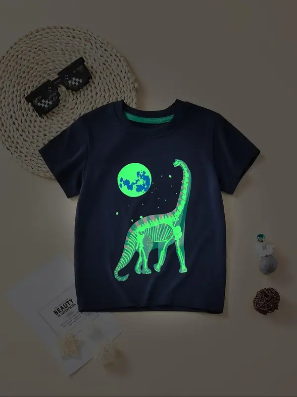 Toddler Boy's Luminous Reflective Earth & Dinosaur Print Tee, Cute Short Sleeve Crew Neck T-shirt, Kids Summer Clothes, Boys ...