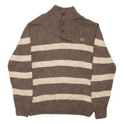 CHAPS Mens Patterned Jumper Brown Striped Button Neck Chunky Knit L