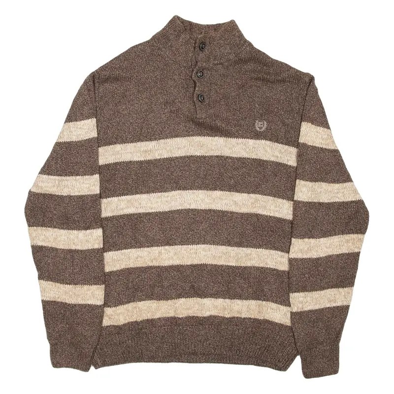 CHAPS Mens Patterned Jumper Brown Striped Button Neck Chunky Knit L
