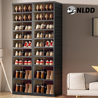 NLDD Black Foldable 9-Tier Shoe Rack Organizer with Clear Doors & Wheels – Space-Saving Storage for 18 Pairs, Collapsible C...