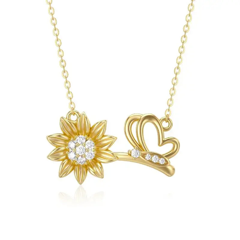 14K Gold Moissanite Butterfly & Sunflower Pendant Necklace