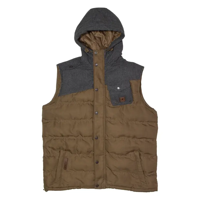 KANGOL Mens Puffer Jacket Brown Wool Hooded Colourblock L