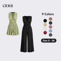 Cider Women's V-neck Ruched Solid Wide Leg Romper with Pocket, Stretchy Spring Jumpsuit, Springtime Casual Outfits, Lady Comf...