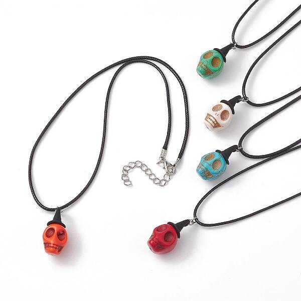 Halloween Theme Dyed Synthetic Turquoise Skull Pendant Necklaces