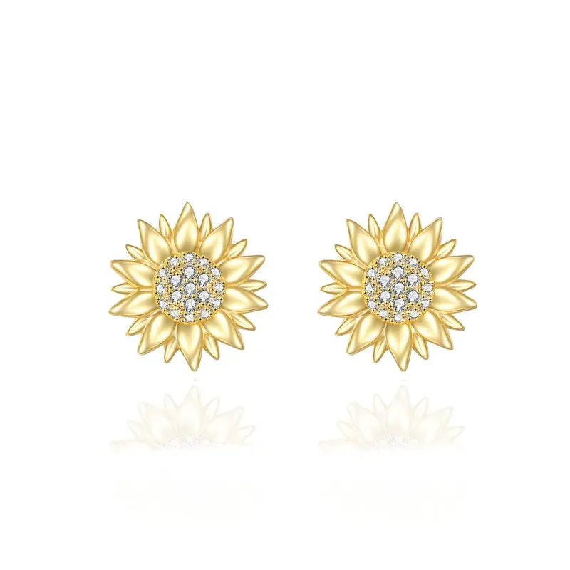 14K Gold Circular Shaped Cubic Zirconia Sunflower Stud Earrings