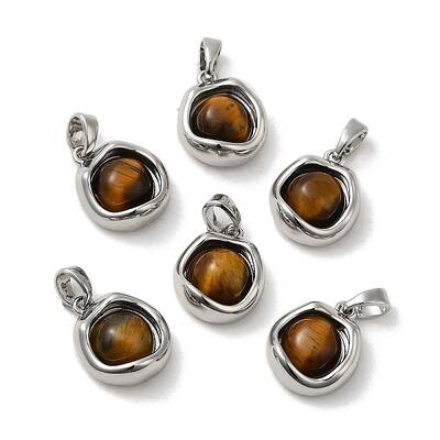 Natural Tiger Eye Brass Flat Round Charms