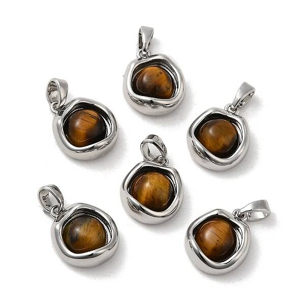 Natural Tiger Eye Brass Flat Round Charms