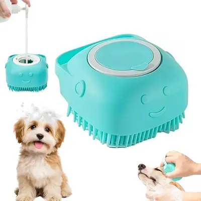 PetGroomingBathMassageBrush with Soap and Shampoo Dispenser Soft Silicone Bristle for Long Short Haired Dogs Cats Shower Anim...