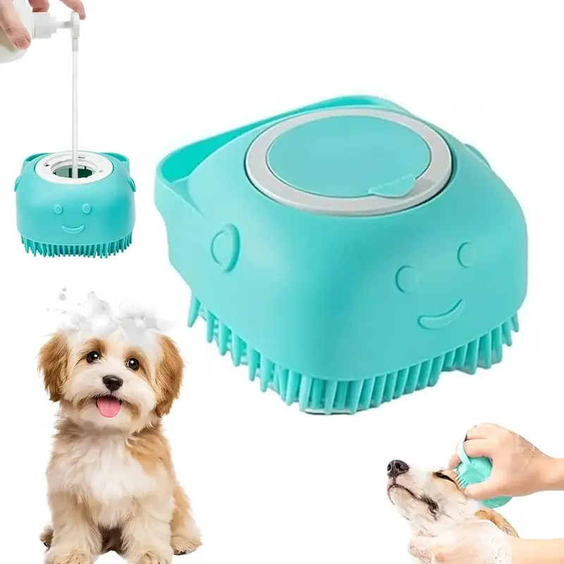 PetGroomingBathMassageBrush with Soap and Shampoo Dispenser Soft Silicone Bristle for Long Short Haired Dogs Cats Shower Anim...