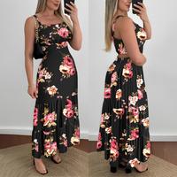 ChicMe Women's Floral Print Spaghetti Strap Waist Hollow Out Maxi Dress Casual Ruched Ruffle Hem Dress