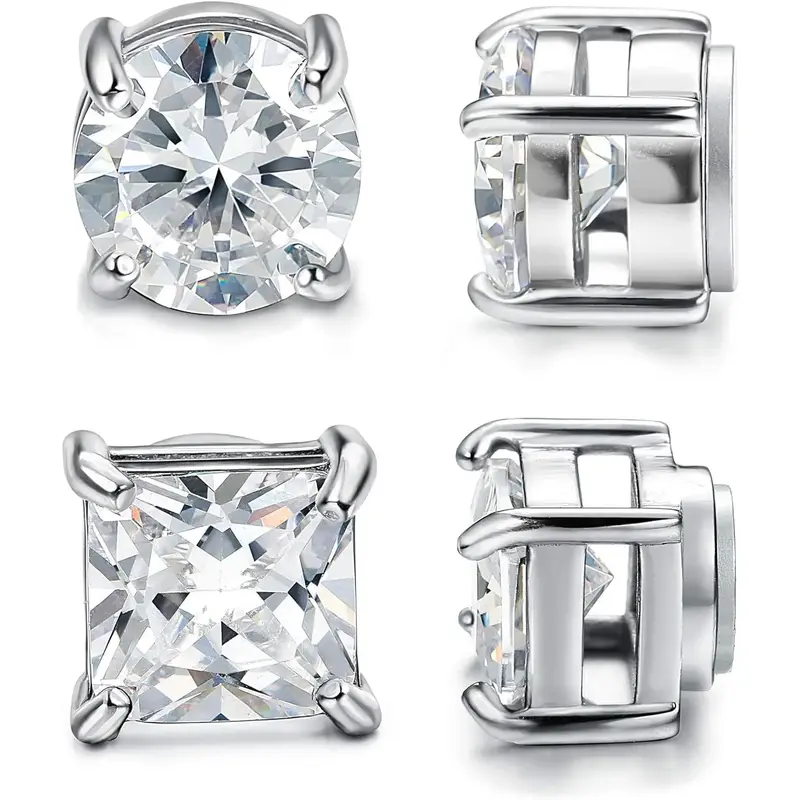 Jstyle 2 Pairs Stainless Steel Magnetic Stud Earrings for Men Women Non-piercing CZ Hypoallergenic 5-8MM