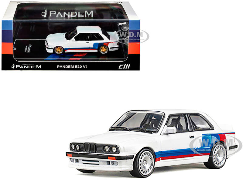 Pandem E30 V1 White with Stripes and Extra Wheels 1/64 Diecast Model Car by CM Model