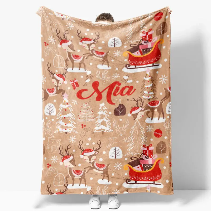 Customized Name Elks Sleigh Tree Christmas Blanket - Aperturee