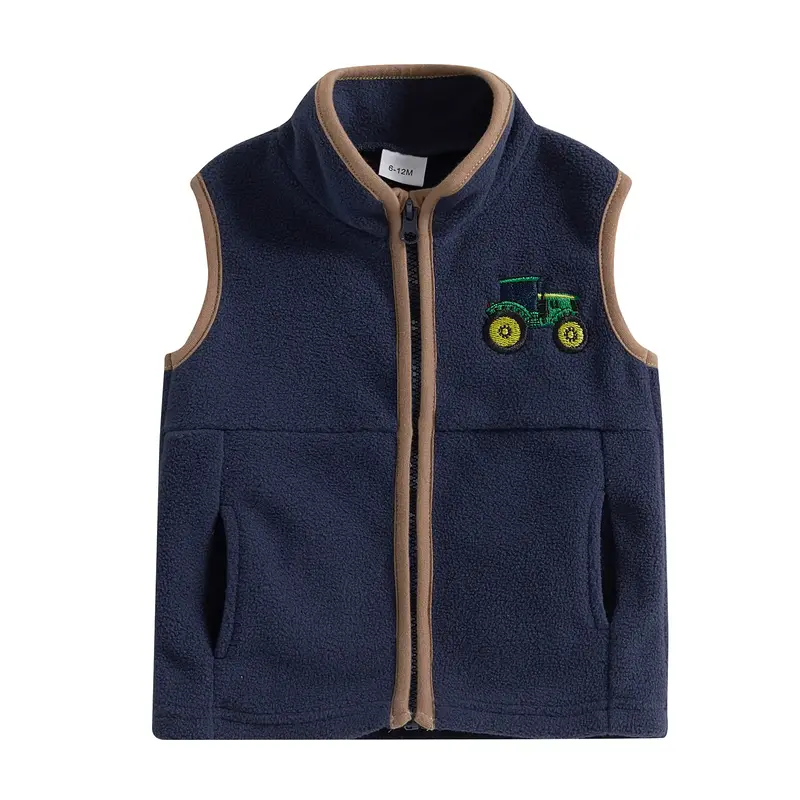 Toddler Baby Boys Autumn Winter Fleece Vest Casual Sleeveless Zip Up Tractor Embroidery Vest Jacket Coat with Pockets