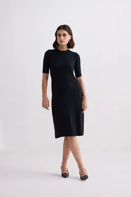 High Crew Neck Elbow Sleeves Fitted Dress in Black | Color: Black | Size: S
