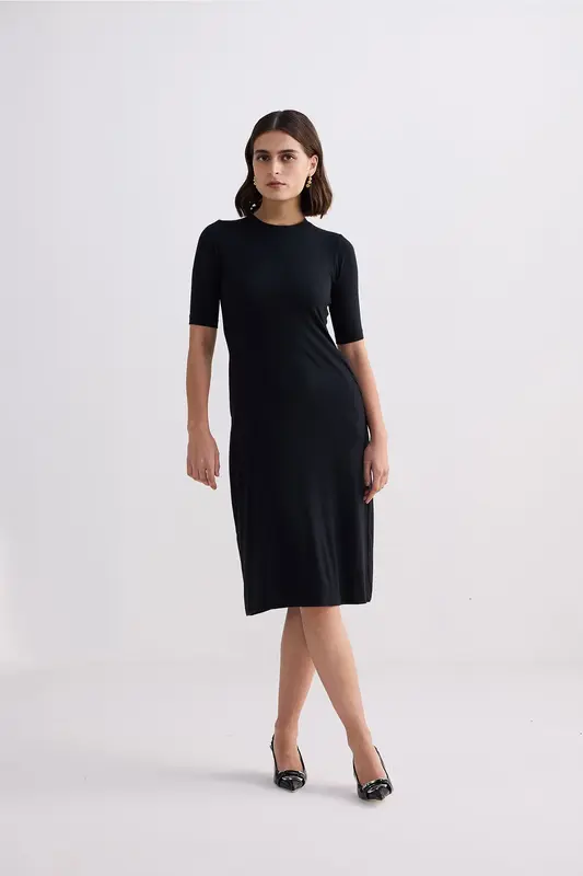 High Crew Neck Elbow Sleeves Fitted Dress in Black | Color: Black | Size: S