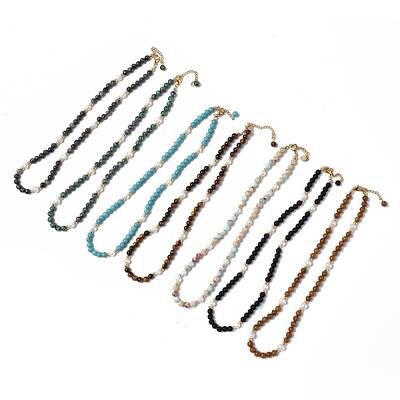 Gemstone & Natural Pearl & Glass Beaded Necklace with 304 Stainless Steel Clasp for Women