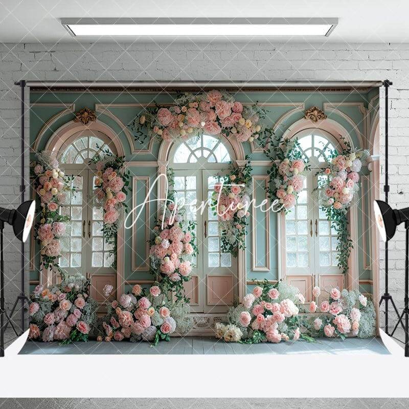 Floral Leaf Green Pink Window Wedding Photo Backdrop