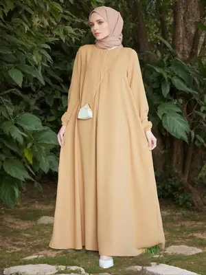Women's Plain Pocket Plicated Bishop Sleeve Satin Arabian Dress, Modest Round Neck Long Arabic Clothing, Muslim Dress For Wom...