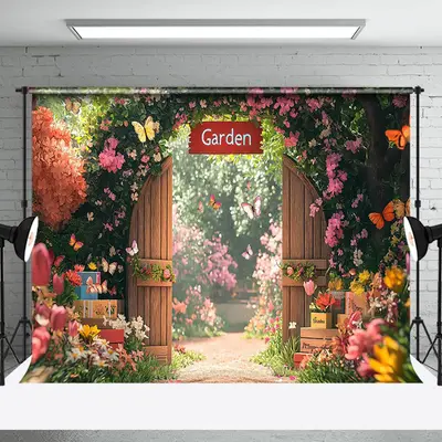 Aperturee Spring Colorful Floral Garden Gate Easter Backdrop, 3X2FT(1MX0.6M), 14 USD, AHF333A-M, easter backdrops
