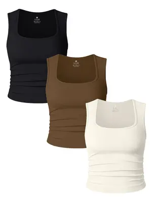 Women's Solid Ruched Square Neck Sports Vest, Sporty Sleeveless Tank Top for Yoga Gym Workout, Ladies Sportswear for All Seas...