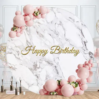 Aperturee Grey Marble Texture Round Gold Birthday Backdrop