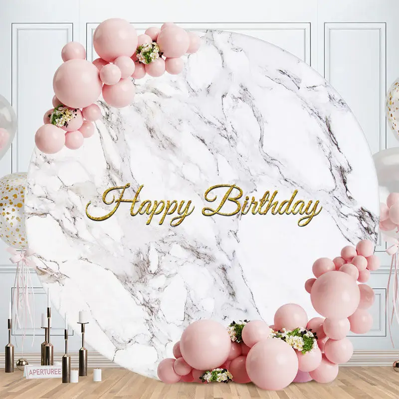 Aperturee Grey Marble Texture Round Gold Birthday Backdrop