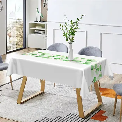 White And Green Leaves Spring Rectangle Tablecloth - Aperturee