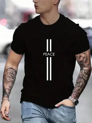 Men's Early Autumn Thin Regular Fit Letter Print Round Neck Tee, Summer Outfits 2024, Trendy Printed Short Sleeve Crew Neck T...