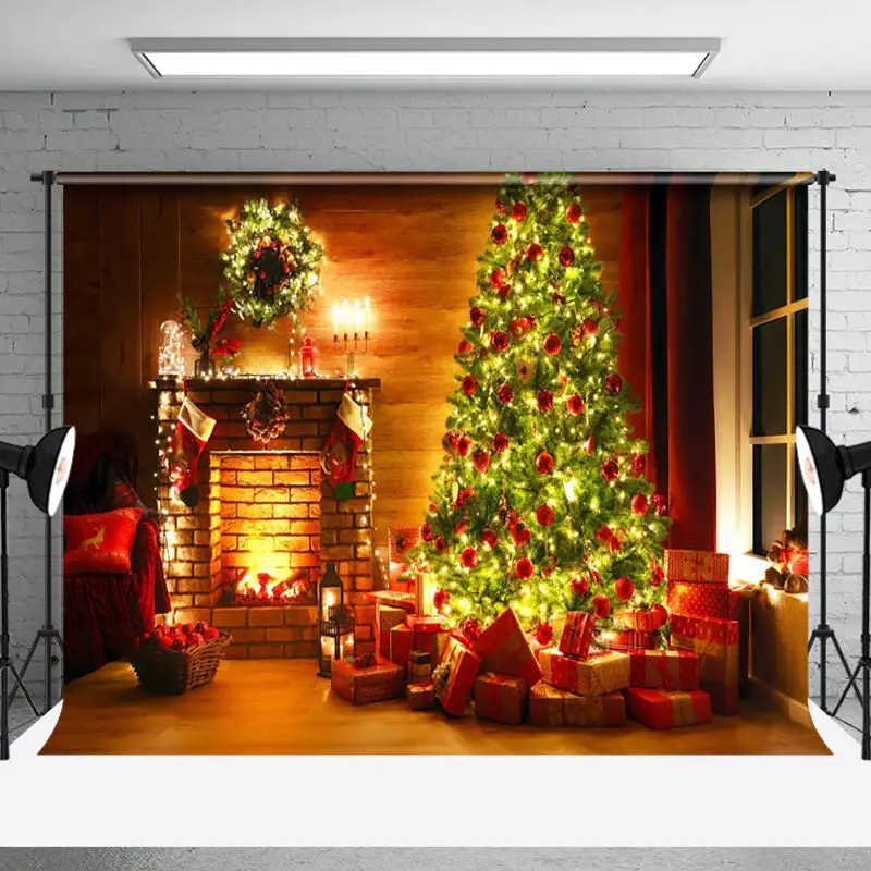 Aperturee Festive Fireplace Tree Gifts Cozy Christmas Backdrop - Aperturee
