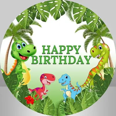 Aperturee Round Dinosaur And Green Leaves Happy Birthday Backdrop | Custom Round Backdrop | Round Party Backdrop | Circle Bir...